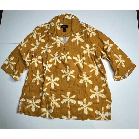 NEW D&Co Beach Tie Dye 1/4 Sleeve Blouse Petite Medium MP Women’s Yellow - Picture 7 of 9